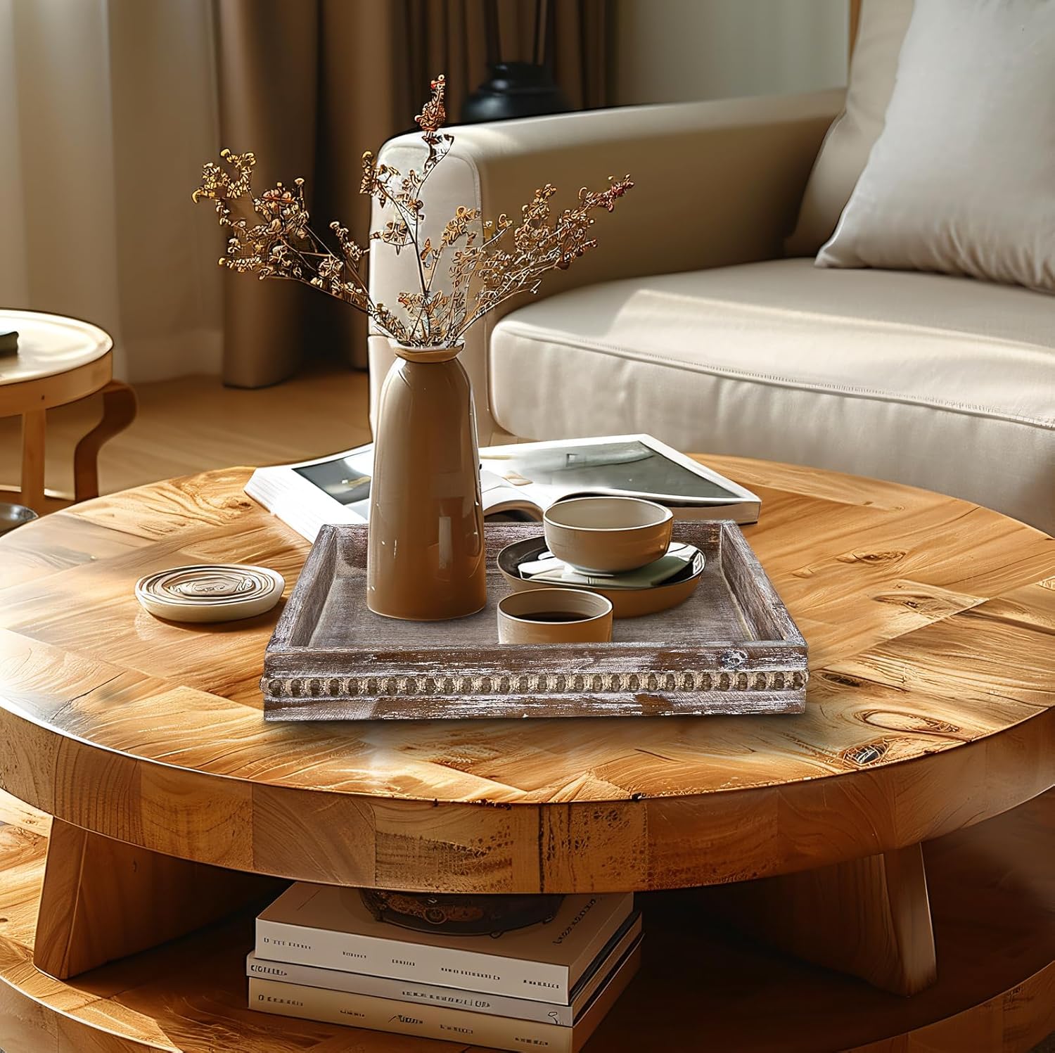 MAONAME Wood Serving Tray, Farmhouse Wooden Tray for Coffee Table, Rustic Square Trays with Beads, Vintage Brown Decorative Trays for Living Room, Kitchen, 12" X 12" X 1.6"
