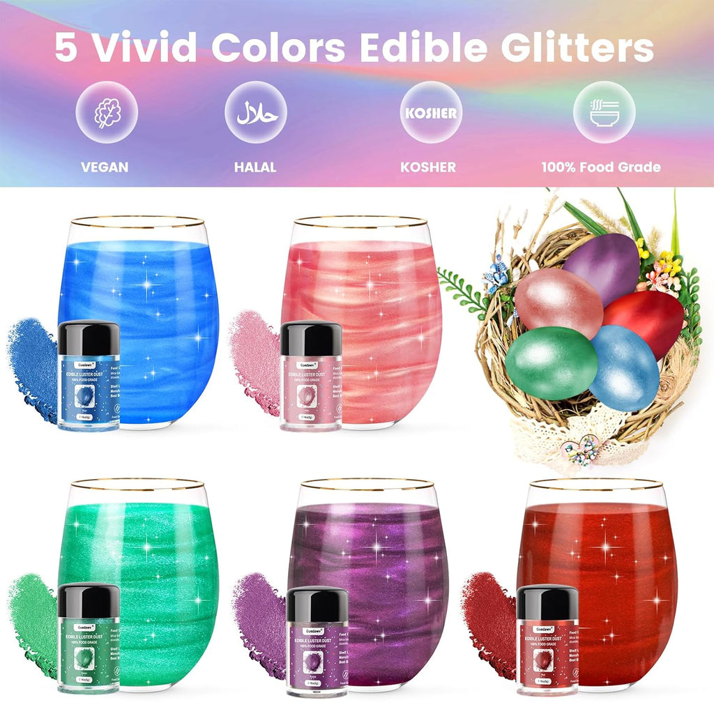 5 Colors Edible Glitter Set, Edible Glitter for Drinks, Luster Dust Shimmer Powder for Cakes, Cocktails, Beverages, Strawberries, Cookies, Candies, Fondant, Easter Eggs(5g/Bottle)