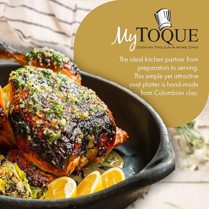 Authentic Chamba Oval Platter with Handles - Elegant, All-Natural Black Clay Roasting Pan for Baking, Roasting and Serving - Stovetop & Oven Safe – Handmade in Colombia – 8 Inches Long