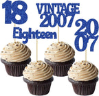 Gyufise 24Pcs 18th Birthday Cupcake Toppers Glitter Eighteen Vintage 2007 Adultish 18 Cupcake Picks Birthday Cake Decorations for Happy 18th Birthday Anniversary Party Supplies Deep Blue