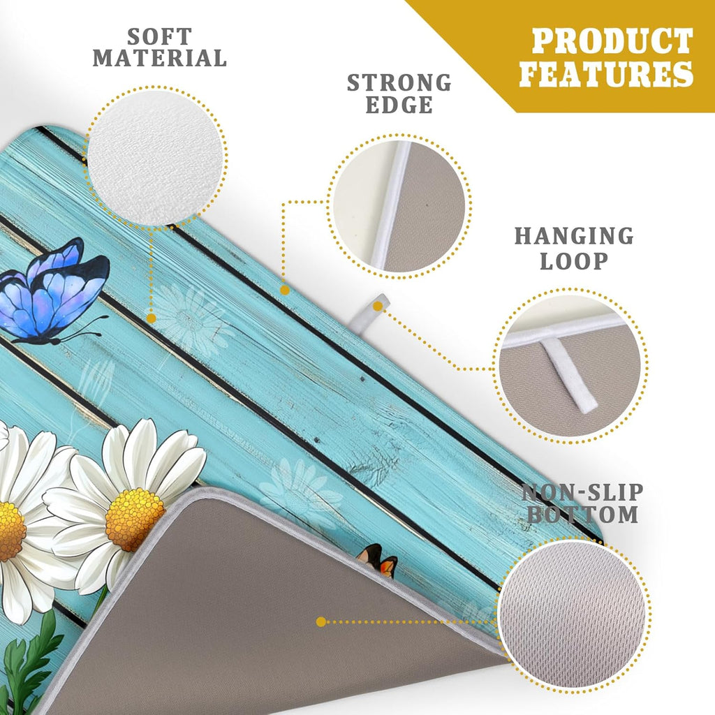 Spring Summer Daisy Flowers Dish Drying Mat for Kitchen Counter 18”x24” Rustic Daisy Absorbent Dish Drying Mat Reversible Microfiber Dish Drainer Rack Fast Drying Mat for Countertops Tableware Decor