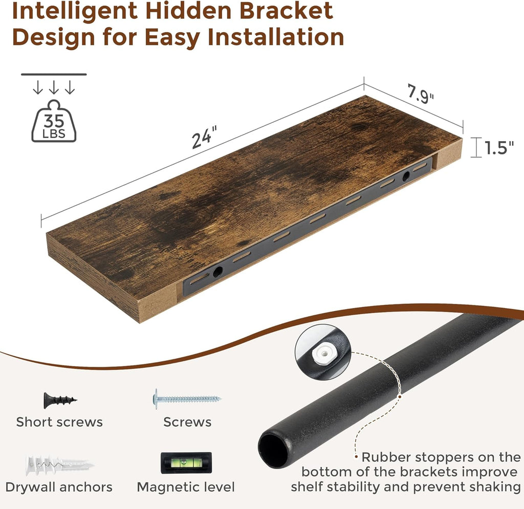 Heimlove 24 Inch Floating Shelves for Wall Rustic Brown Shelves Set of 2,Wall Mounted Rustic Wood 8 Inch Deep Floating Shelf with Invisible Brackets for Bedroom Kitchen Living Room