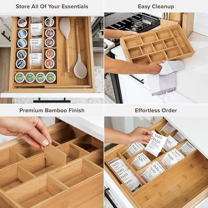 KitchenEdge Tea Bag and Coffee Pod Kitchen Drawer Organizer, Expandable 9.7 to 17 Inches, 10 Accessory Compartments with Adjustable Wall Inserts, Non-Slip Rubber Feet, 100% Sustainable Bamboo Wood