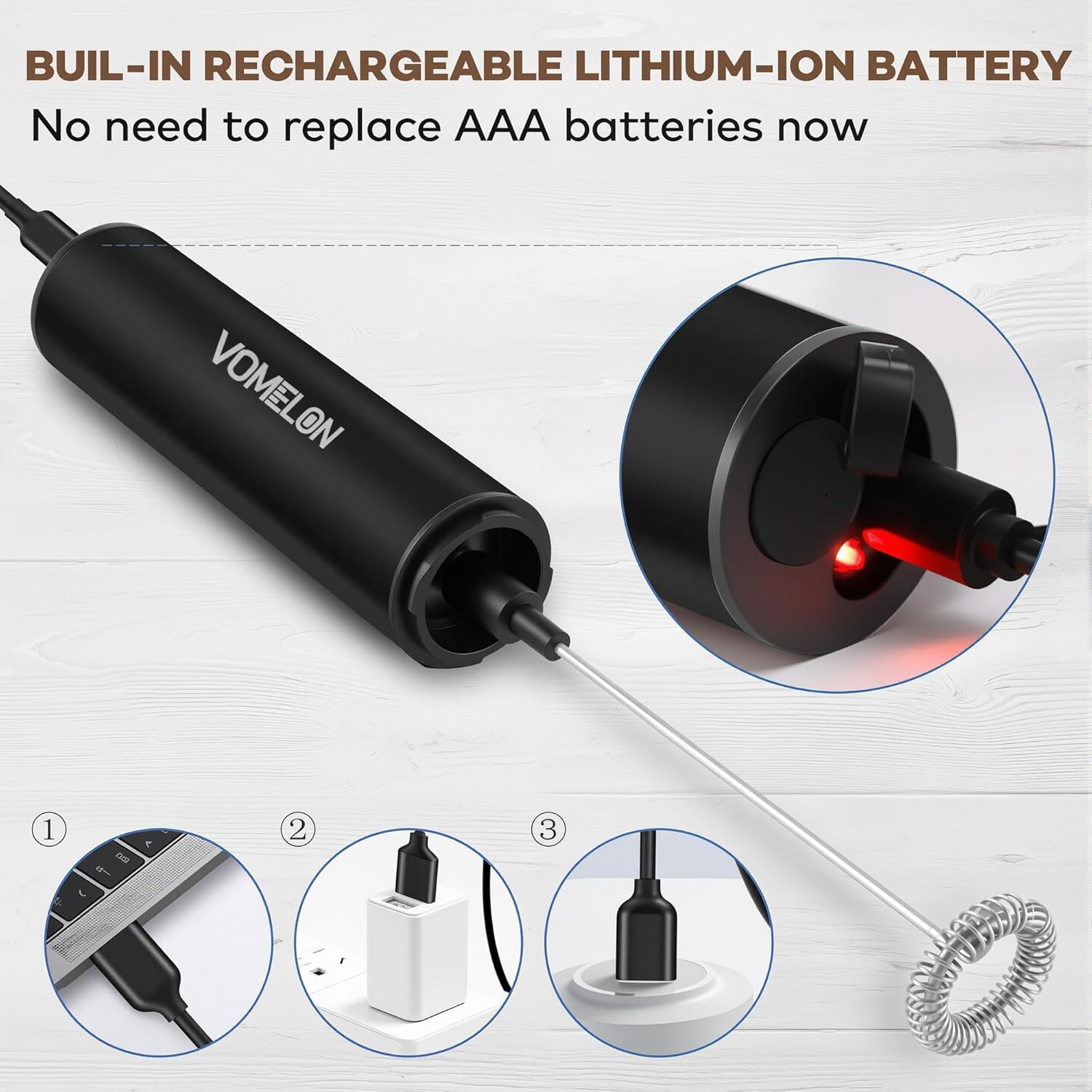 Rechargeable Milk Frother, Electric Coffee Foamer, Handheld Drink Mixer for Latte, Cappuccino, Coffee, Eggs, Hot Chocolate, Protein,Paint Black