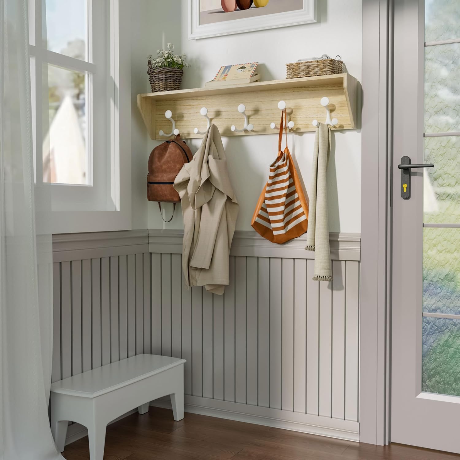 SKOLOO Wall Shelf with Hooks, 24-Inch Coat Rack Wall Mount with Shelf Organizer - Lightweight & Sturdy, 5 Tri Hooks - Perfect for Entryway, Hallway, Living Room, Bedroom, Mudroom, Natural & White