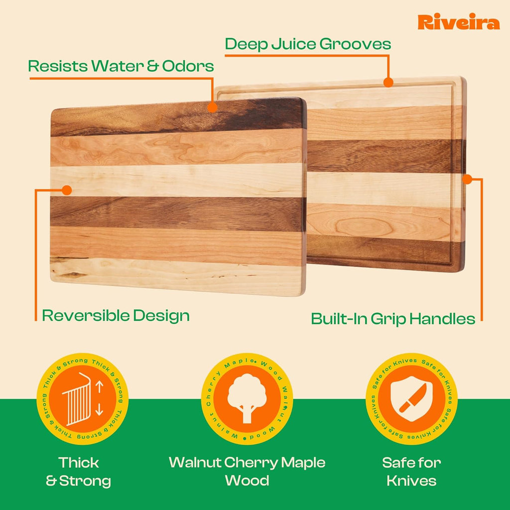 Riveira Walnut/Cherry/Maple Wood Cutting Board – Gourmet Grandeur: 18 x 12 Wooden Cutting Board – Natural Wooden Cutting Boards For Kitchen Decorative – Innovative Juice Grooves Wooden Chopping Board