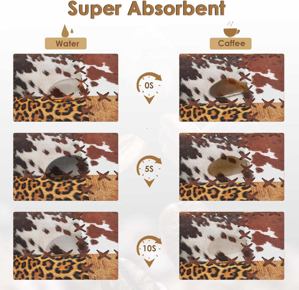 Arttown Coffee Mat for Countertops, Cow Tiger Leopard Patchwork Tribal Art Dish Drying Mat 2 Pcs for Kitchen Bar Accessories, Coffee Maker Espresso Machine Dish Rack Hide Stain Rubber 12x19in