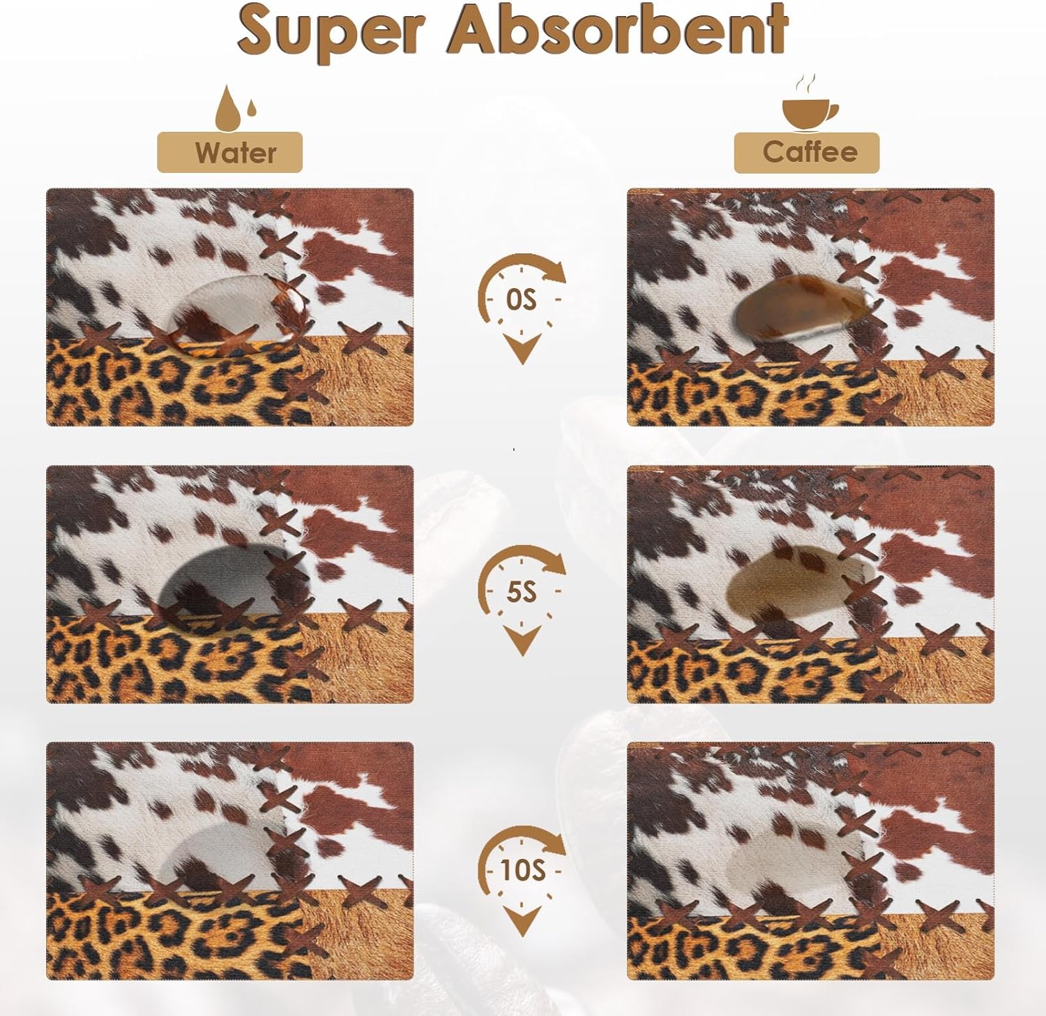 Arttown Coffee Mat for Countertops, Cow Tiger Leopard Patchwork Tribal Art Dish Drying Mat 2 Pcs for Kitchen Bar Accessories, Coffee Maker Espresso Machine Dish Rack Hide Stain Rubber 12x19in