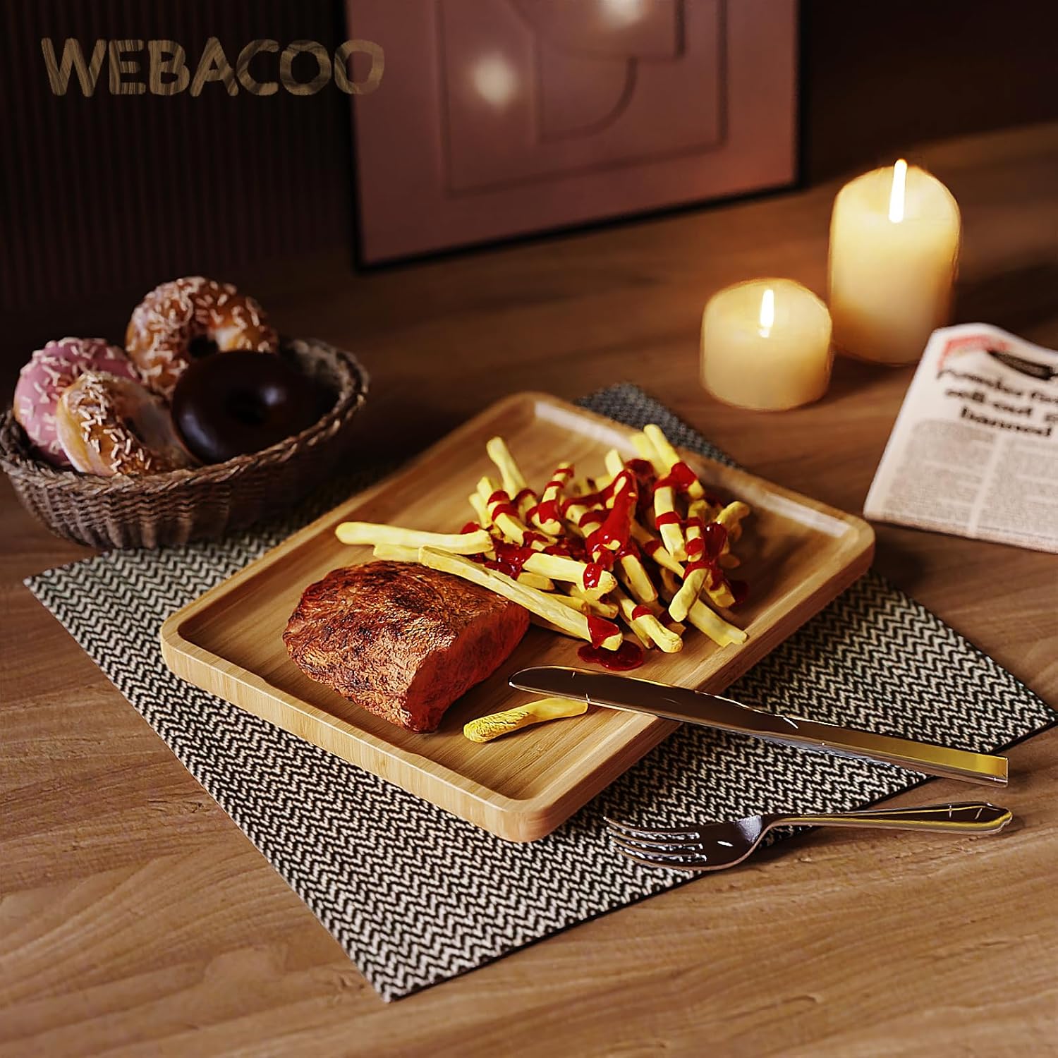 Square Bamboo Serving Tray with Handles - 9.4x7.4 Inch Rustic Wooden Platter for Coffee, Kitchen, Living Room & Party (Lightweight, Splinter-Free & Oil-Coated)