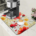 Red and Yellow Flowers Coffee Mat Absorbent Dish Drying Mat for Kitchen Counter Hide Stain Rubber Backed Coffee Bar Accessories Fit Under Espresso Machine, 11.8 x 19.7 Inch