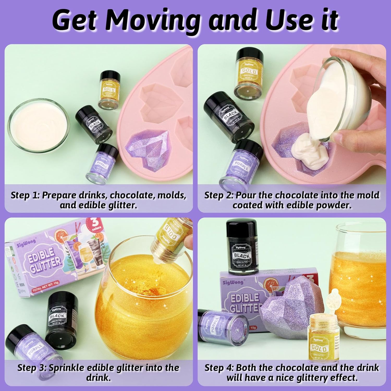 Edible Glitter Set, 3 Colors Luster Dust Edible Glitter, Food Grade Metallic Food Decorating Sprinkle Dust for Drinks Wine, Powder Glitter for Fondant, Chocolate, Candy, Cookie, 5g/0.18oz, Vegan