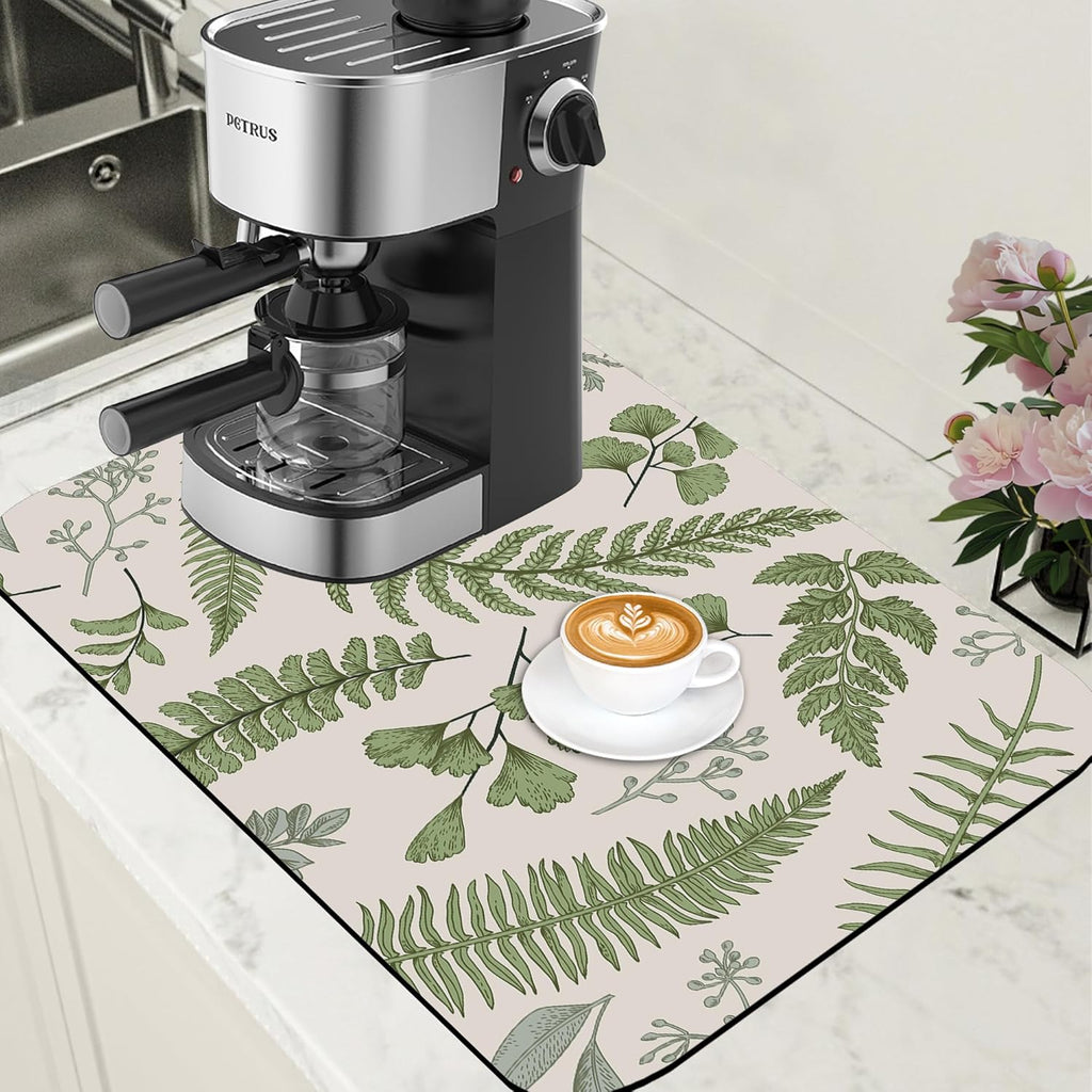Leaves and Herbs Dish Drying Mat for Kitchen Counter Coffee Bar Mat Hide Stain Absorbent Rubber Backed Dish Drainer Rack Pad Coffee Maker Espresso Machine Table Accessories 15.7 x 23.6 Inch
