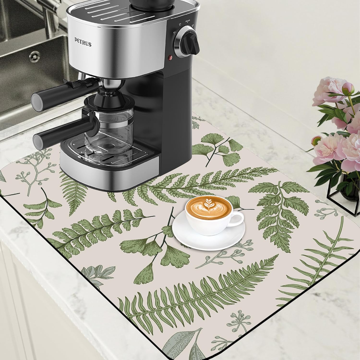 Leaves and Herbs Dish Drying Mat for Kitchen Counter Coffee Bar Mat Hide Stain Absorbent Rubber Backed Dish Drainer Rack Pad Coffee Maker Espresso Machine Table Accessories 15.7 x 23.6 Inch
