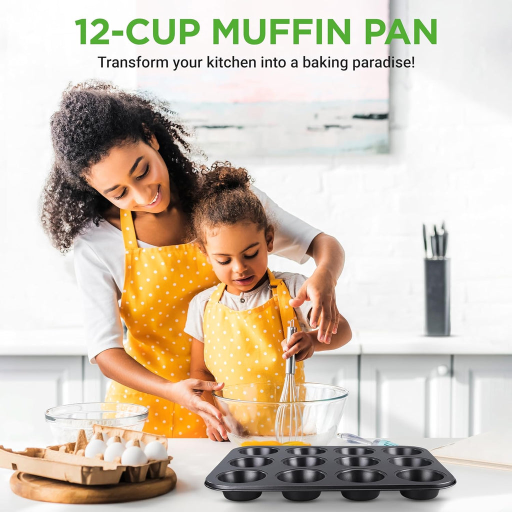 NutriChef 13” Non-Stick Muffin Baking Pan - Premium Dark Gray Carbon Steel Bake Tray, Commercial Grade Restaurant Quality Metal Bakeware - Dishwasher Safe