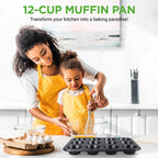 NutriChef 13” Non-Stick Muffin Baking Pan - Premium Dark Gray Carbon Steel Bake Tray, Commercial Grade Restaurant Quality Metal Bakeware - Dishwasher Safe