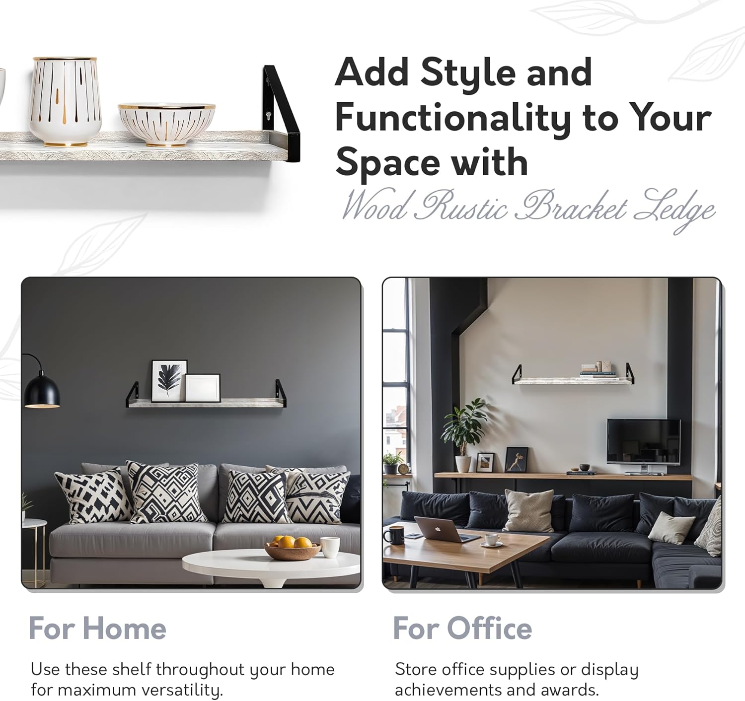 InPlace Wall Mounted Shelf, 36" x5" x 6.1", Rustic Real Wood Bracket Ledge, Distressed White Finish, Heavy-Duty Floating Shelf for Living Room, Bathroom, or Kitchen 9602098E