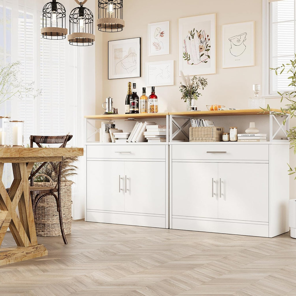 Vongrasig Sideboard Buffet Cabinet with Storage, 32” Modern Kitchen Storage Cabinet with Open Storage, Adjustable Shelf, Wood Farmhouse Coffee Bar Buffet Table for Kitchen, Dining Room, White