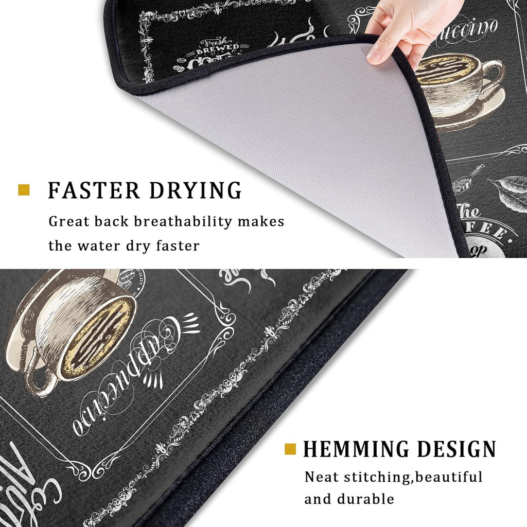 Coffee Bean Maker Dish Drying Mat for Countertops, 18x24 inch Absorbent Microfiber Espresso Cup Spill Mats Black Machine Drainer Mat Dish Drainer Rack Mat Protector Kitchen Accessories Bar Time Chef