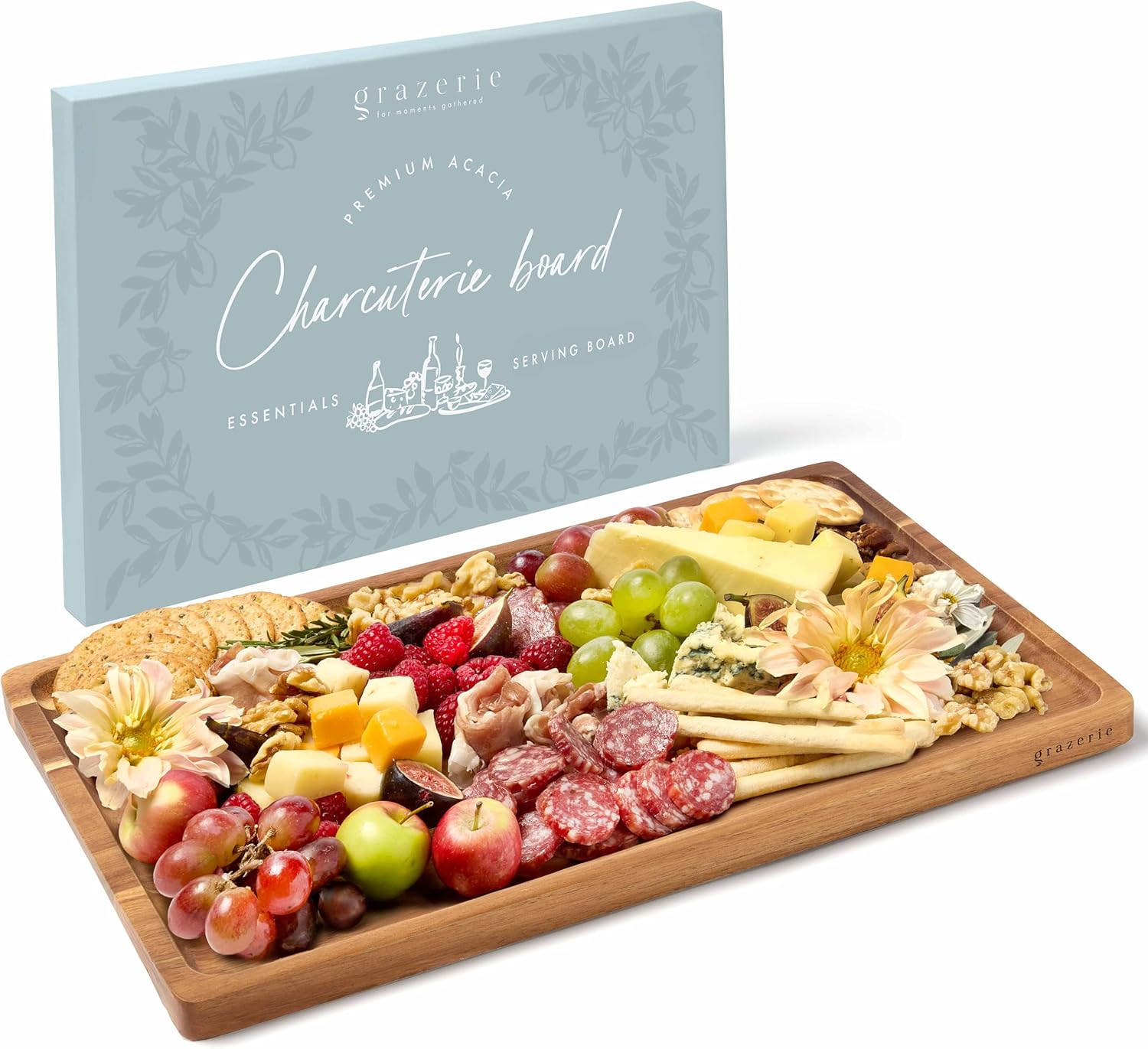 Charcuterie Board - Acacia Cheese Board with Grooves & Built-in Handles, Snack Tray for Vegetables, Fruits, Meat, Nuts - Decorative Wooden Serving Tray for Kitchen House Warming Gift