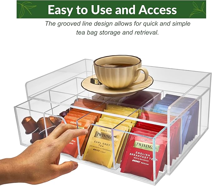 Acrylic Tea Station Organizer for Countertop - Tea Bag Organizer Drawer, Clear Lucite K Cup and Coffee Pod Storage box with 8 Compartments, Tea Caddy Creamer Holder Display Stand