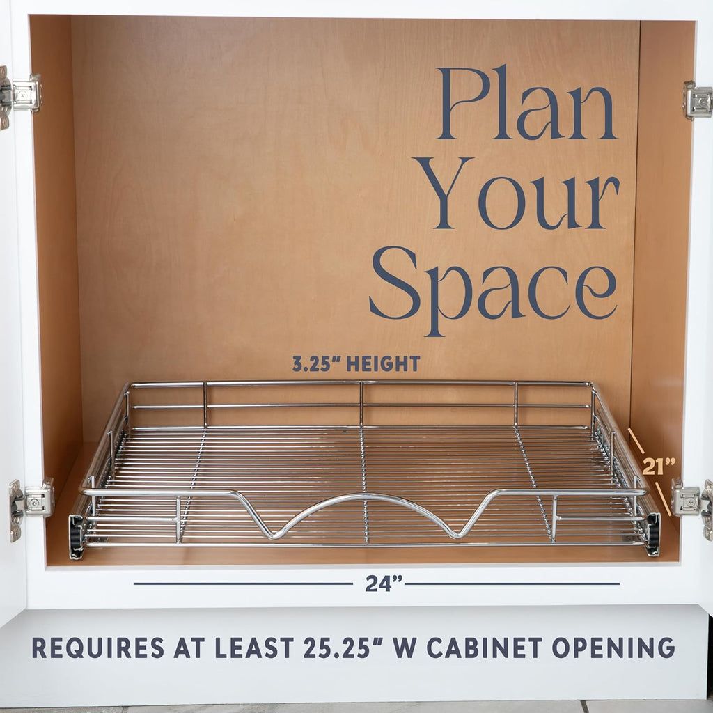 HOLDN’ STORAGE Pull Out Cabinet Organizer, Heavy Duty Caddy w/Lifetime Limited Warranty -24”W x 21”D - Requires At Least 25-1/4” Cabinet Opening, Steel Metal Cabinet Drawers Slide Out, Chrome