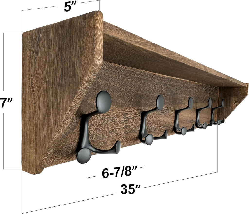 SKOLOO Wall Shelf with Hooks, 35-Inch Weathered Brown Coat Rack Wall Mount with Shelf Organizer - Lightweight & Sturdy, 5 Tri Hooks - Perfect for Entryway, Hallway, Living Room, Bedroom, Mudroom