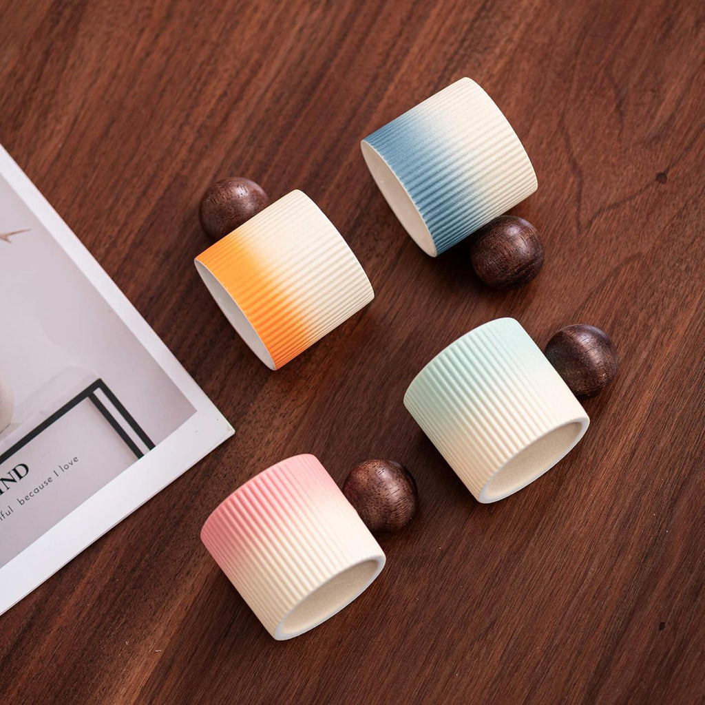 Ceramic Mini Espresso Cups Demitasse Cups with Round Wooden Handle Vertical Stripes Tea Cups (Beige&Blue, 2pcs)