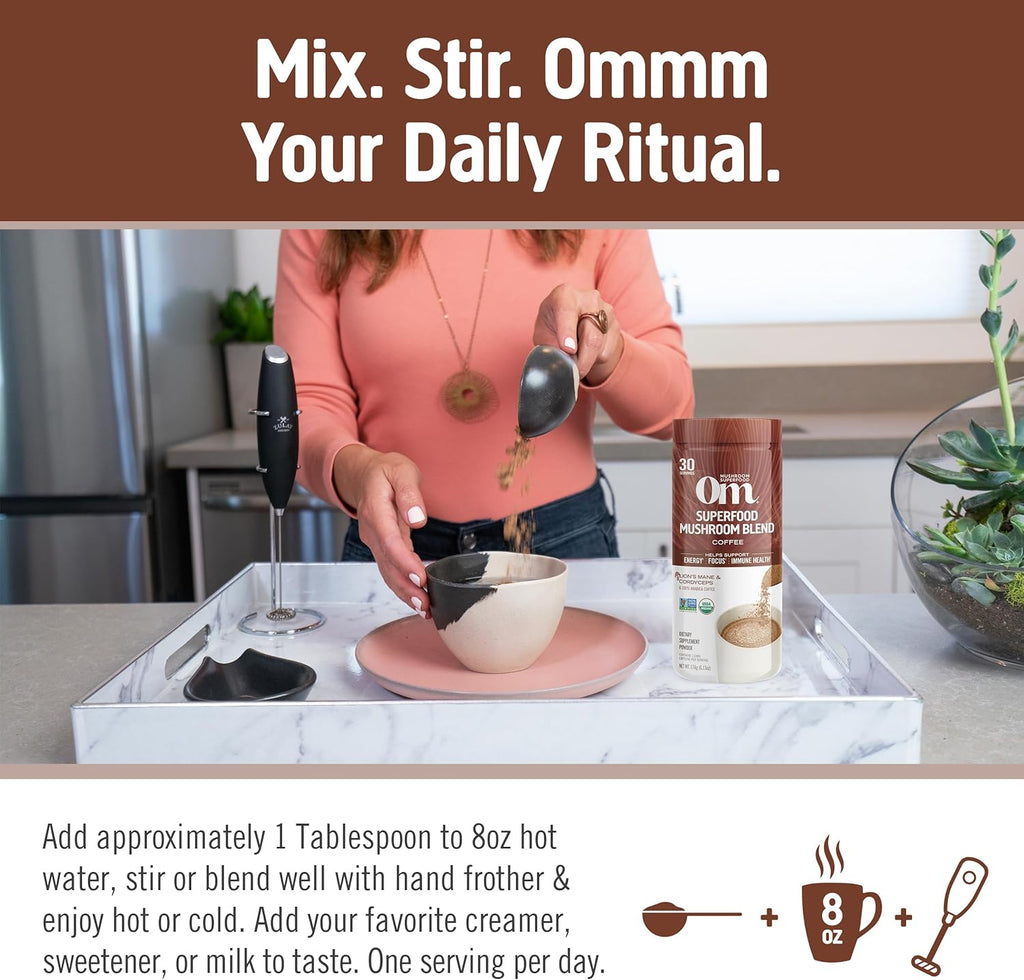 OM MUSHROOM SUPERFOOD Coffee Blend Mushroom Powder, 6.24 Ounce Canister, 30 Servings, Organic Arabica Beans, Lion's Mane, Cordyceps, Turkey Tail, Ginkgo Biloba, Supports Energy and Focus