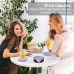6 Pack Drink Coasters,Plastic Coaster with Holder,Non-Slip Silicone Cup Mat,Rubber Coasters Live for Hot or Cold Drink,Fits Any Size of Cups(Green Pink)