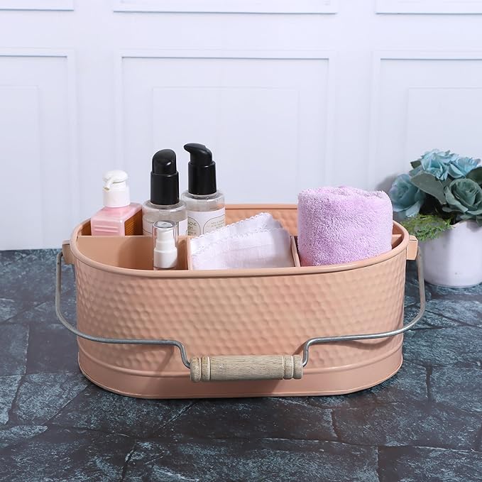 Alpha Living Home Metal Utensil Caddy - 4-Compartment Silverware, Flatware, Cutlery Holder with Handle - Kitchen Organizer for Countertop, Buffet, Picnic, BBQ, Farmhouse(Peach)