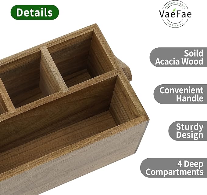 VaeFae Acacia Silverware Caddy with Handle, Wooden Utensil Holder, Mulip-pose Organizer for Kitchen, Office, Bathroom, Bedroom