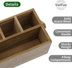 VaeFae Acacia Silverware Caddy with Handle, Wooden Utensil Holder, Mulip-pose Organizer for Kitchen, Office, Bathroom, Bedroom