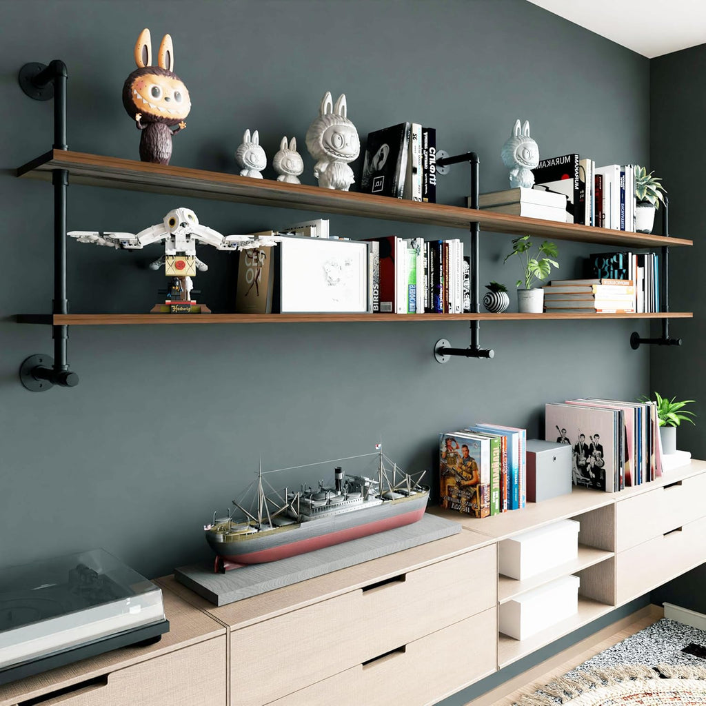 Industrial Pipe Wall Shelves Pipe Shelving with Real Wood Plank,70 Inches Floating Shelves for Wall Farmhouse Pipe Book Shelves Dark Brown 2 Tier for Kitchen,Living Room Decor and Bar Shelving