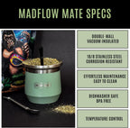 MADFLOW Yerba Mate Cup. Stainless Steel Mate Cup with 2 Bombillas. Double Wall Vacuum Insulated Yerba Mate Gourd. Unique Gourd And Bombilla Set