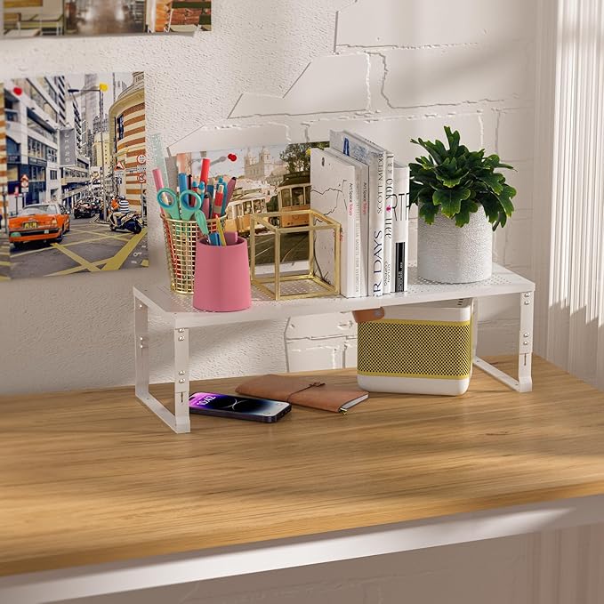 Heavy-Duty Adjustable Metal Shelf Organizer - Expandable & Stackable Pantry Storage Rack for Kitchen, Bathroom, RV, Cabinets(1 Pack/White, Medium)