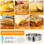 Aufind 10 Inch Springform Pan for Baking, 304 Stainless Steel Cheesecake Pan with Removable Bottom, Includes 12 Piping Tips and 50 Parchment Papers for Pie Cake Pizza and Quiches(10" Cake pan)