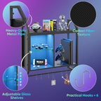 Bestier 25" LED Gaming Floating Shelves for Wall, Wall Mounted Shelf Pipe Adjustable Glass Shelves, Hanging Display Rack with 6 S-Hooks Towel Bar, Gaming Room Decor Shelf, Carbon Fiber Black