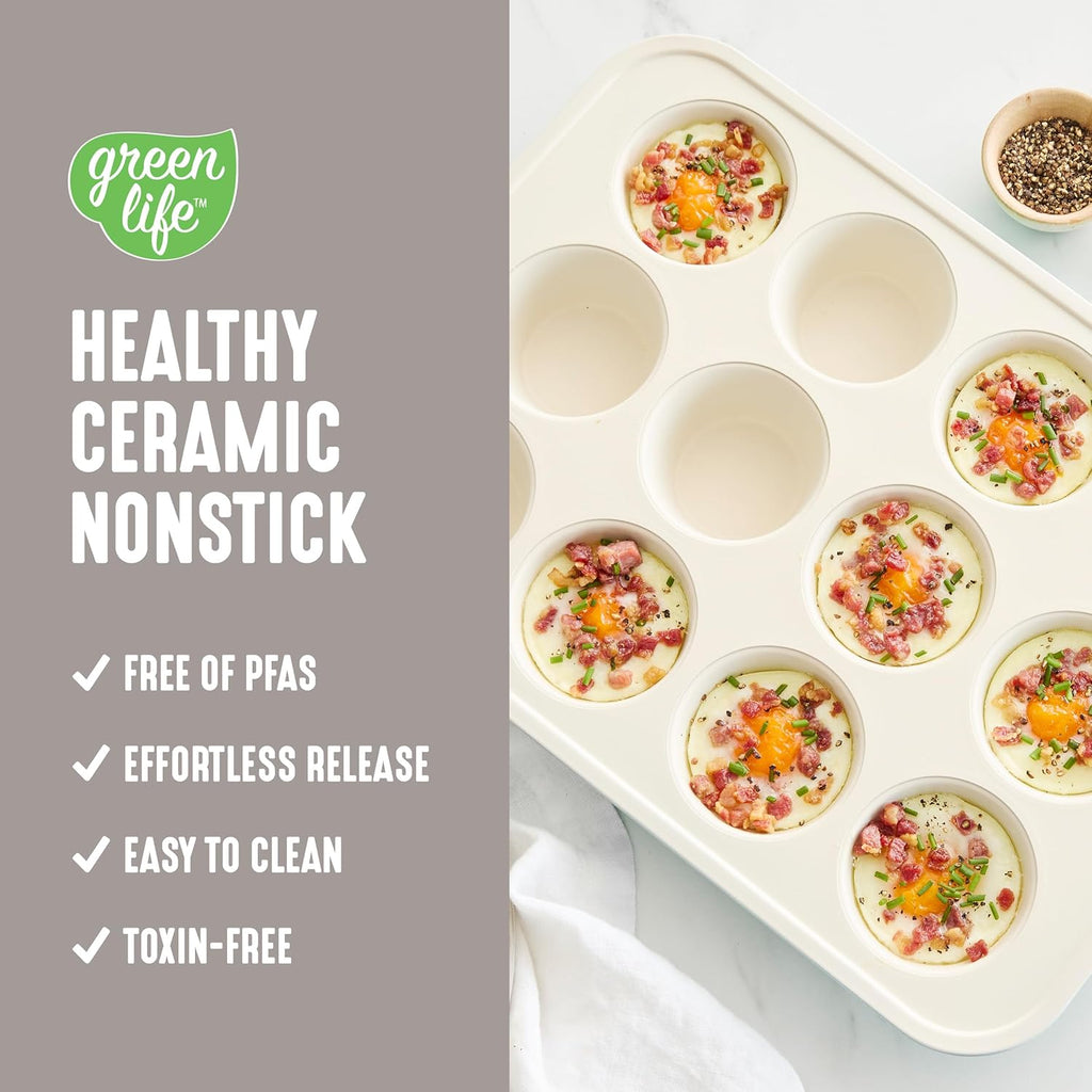 GreenLife 12-Cup Muffin Pan, Healthy Ceramic Nonstick Bakeware, PFOA & PFAS-Free Cupcake Tray, Durable Baking Pan, Versatile Kitchen Essential, Easy Clean Muffin Mold, Nonstick Baking Sheet, Taupe