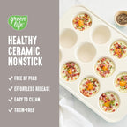 GreenLife 12-Cup Muffin Pan, Healthy Ceramic Nonstick Bakeware, PFOA & PFAS-Free Cupcake Tray, Durable Baking Pan, Versatile Kitchen Essential, Easy Clean Muffin Mold, Nonstick Baking Sheet, Taupe