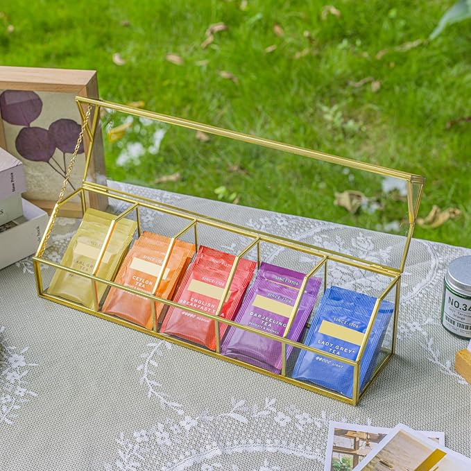 NCYP Glass Tea Bags Organizer with 5 Grids Compartments, Indoor Counter Top Brass Display Case with Lid, Storage Box, Gold, Decor, Teabag Storage, 14.5 x 3.6 x 3.66 Inches (Glass Box Only)