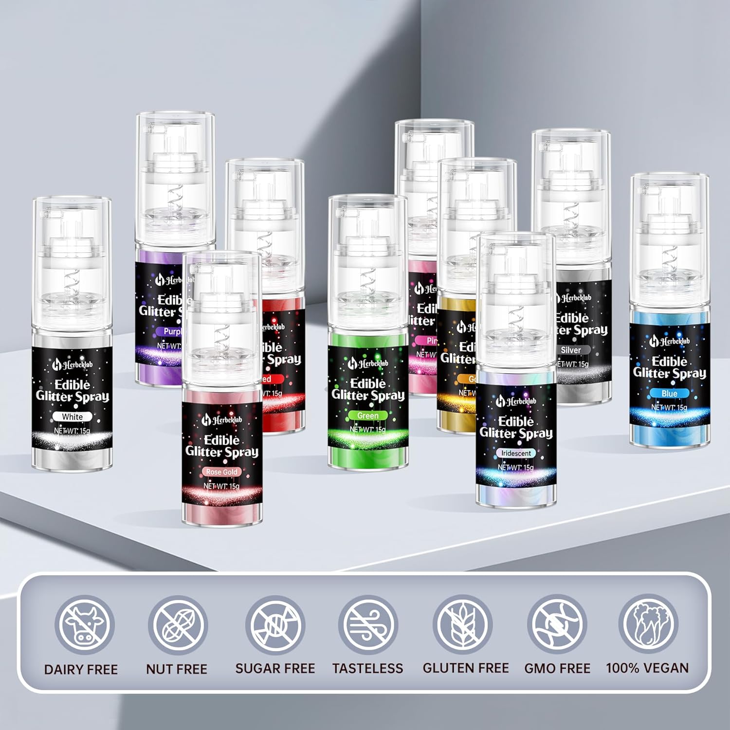 Iridescent Edible Glitter Spray - 15g Herbeklab Edible Iridescent Glitter for Cakes Food Grade Rainbow Cake Spray for Chocolate Strawberry Cookie