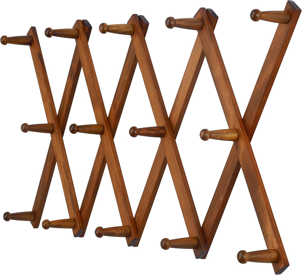 Dseap Accordian Wall Hanger: 16” High Wooden Wall Expandable Coat Rack, Hat Rack Holder, Accordion Hook for Baseball Caps, Coats, Mugs, 14 Peg Hooks, Brown
