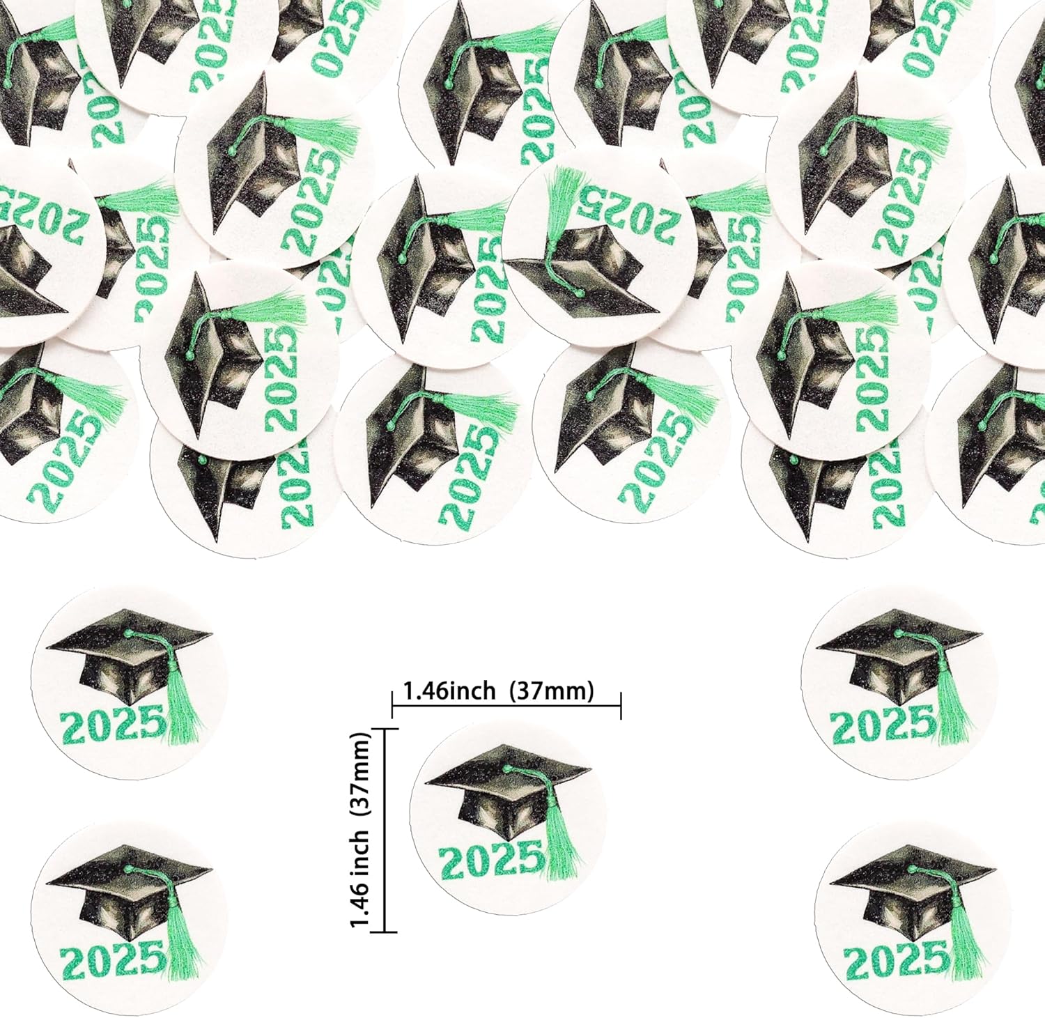 Gyufise 48Pcs Edible 2025 Graduation Theme Cupcake Toppers Wafer Paper Graduation Hat Graduate Cupcake Picks Green