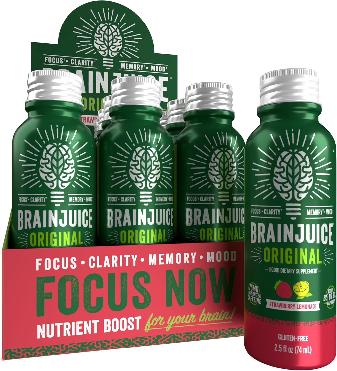 BrainJuice Energy & Focus Shot, Gluten Free Supplement, Healthy Drinks with Alpha GPC, Vitamin B & Organic Green Tea Extract Caffeine, Strawberry Lemonade, 2.5 fl oz, 12 Pack