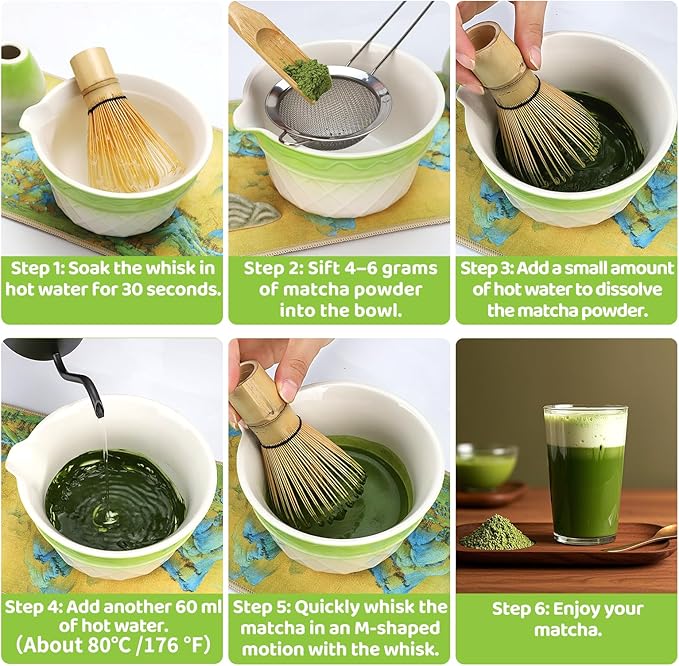 8PCS Matcha Whisk Set, Ceramic Matcha Kit Set, Japanese Tea Ceremony Tools with Matcha Bowl, Bamboo Whisk, Holder, Sifter, Spoon, Tea Cloth, Scoop and Scoop Rest (Relief Green and White)