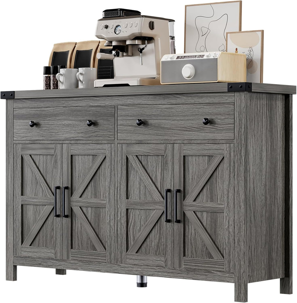 55" Sideboard Buffet Cabinet with Storage, Coffee Bar Cabinet with 2 Drawers and 4 Barn Doors, Long Storage Cabinet Modern Farmhouse, Grey Wood, for Kitchen, Dining Room, Living Room
