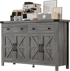 55" Sideboard Buffet Cabinet with Storage, Coffee Bar Cabinet with 2 Drawers and 4 Barn Doors, Long Storage Cabinet Modern Farmhouse, Grey Wood, for Kitchen, Dining Room, Living Room