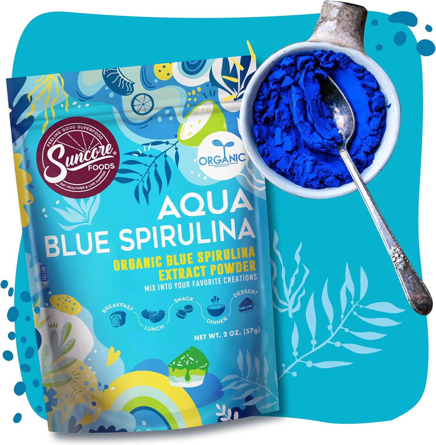 Suncore Foods Organic Aqua Blue Spirulina Powder, 2 oz (1 Bag), Gluten-Free, Non-GMO, Plant-Based, Perfect for Food Coloring, Baking, Drinks, Smoothies, and More