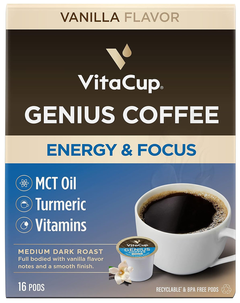 VitaCup Genius Vanilla Keto Coffee Pods w/MCT Oil, Turmeric, B Vitamins, & D3 for Energy & Focus in Recyclable Single Serve Pod Compatible with K-Cup Brewers Including Keurig 2.0, 16 CT