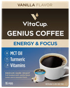 VitaCup Genius Vanilla Keto Coffee Pods w/MCT Oil, Turmeric, B Vitamins, & D3 for Energy & Focus in Recyclable Single Serve Pod Compatible with K-Cup Brewers Including Keurig 2.0, 16 CT